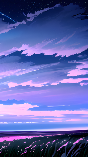 Anime-style phone wallpaper featuring a serene girl under a vibrant, pastel-hued sky at dusk, designed for both iPhone and Android screens.