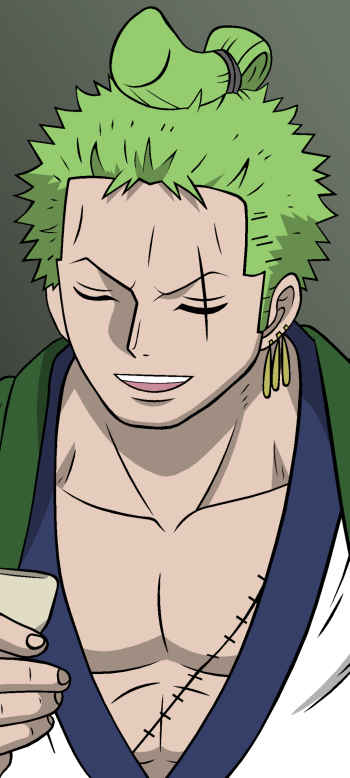 Anime-style phone wallpaper featuring Zoro from One Piece with green hair and a topknot, smiling and holding a cup, designed for iPhone and Android screens.