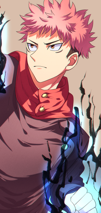 Anime-style wallpaper featuring a determined Jujutsu Kaisen character with pink hair and glowing dark aura, designed for display on iPhone and Android phones.