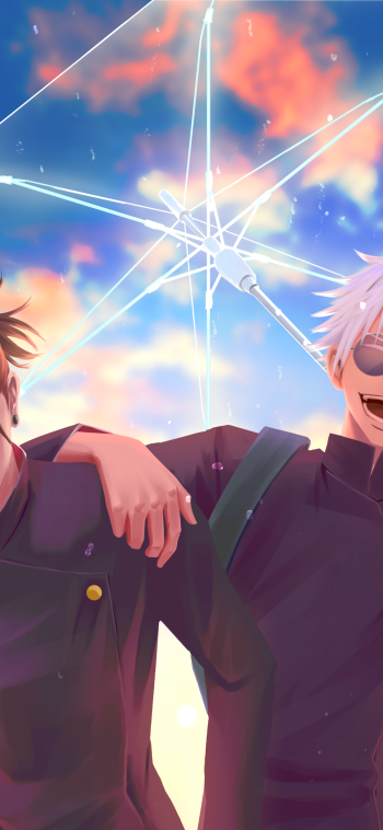Phone wallpaper of Jujutsu Kaisen anime: two smiling characters arm-in-arm beneath a vibrant sunset sky with glowing, star-like magical energy above them.