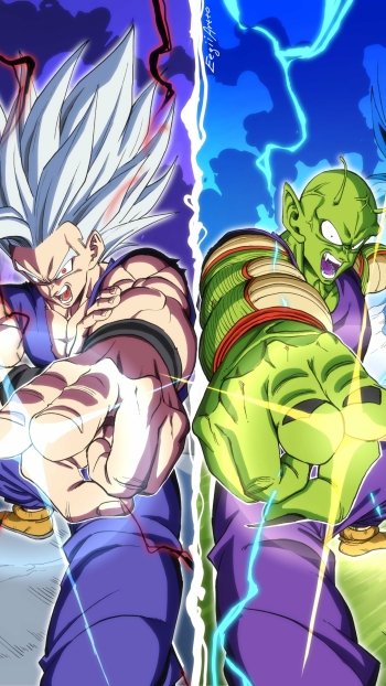 Anime phone wallpaper for iPhone & Android from Dragon Ball Super: Super Hero — powered-up white-haired Gohan and Piccolo back-to-back, crackling energy and lightning between them.