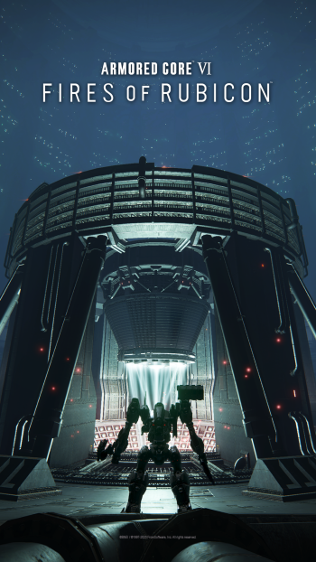 Armored Core VI: Fires of Rubicon phone wallpaper featuring a mech suit at the center of a futuristic hangar with the game's logo at the top.