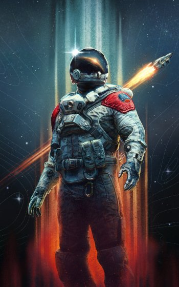 A striking phone wallpaper from the video game Starfield, featuring an astronaut against a vibrant cosmic backdrop with bursts of light and rocket fire, capturing the essence of space exploration.