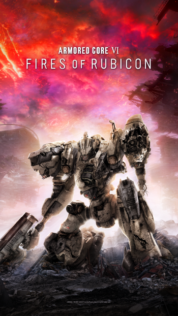 A dynamic phone wallpaper featuring an imposing mech from Armored Core VI: Fires of Rubicon, set against a dramatic, fiery landscape.