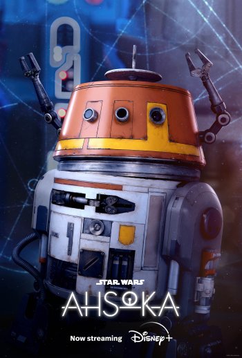 Star Wars Ahsoka themed phone wallpaper featuring a droid, with the Disney+ logo indicating now streaming.