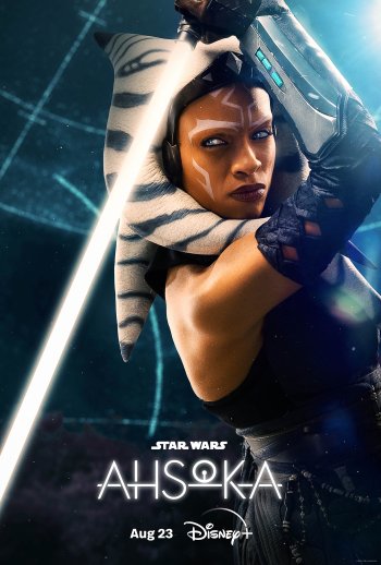 Ahsoka Tano wallpaper featuring the character in a dynamic pose with a lightsaber, as portrayed in the Star Wars series on Disney+.