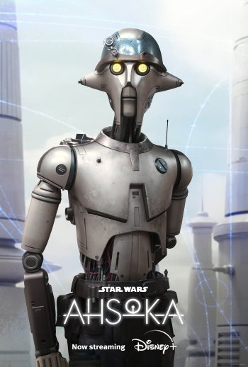 Ahsoka-themed phone wallpaper featuring a droid character from Star Wars with the Disney+ streaming service logo.