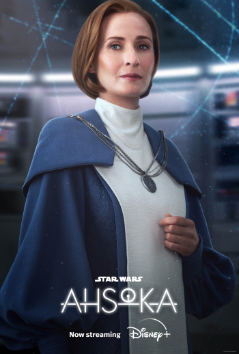 A digitally designed phone wallpaper featuring a character from Ahsoka (2023) in the Star Wars universe, with the title and streaming information prominently displayed.