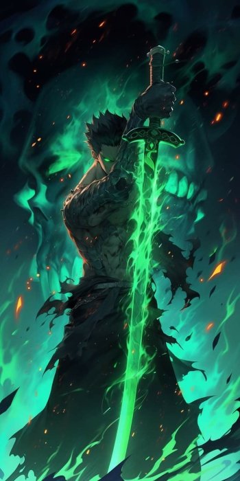 Phone wallpaper featuring an intense anime scene from One Piece, with a character gripping a glowing green sword against a fiery, shadowy background, compatible with iPhones and Android.