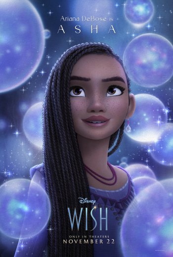 Disney's Wish 2023 movie wallpaper featuring the animated character Asha surrounded by magical glowing orbs under a starry sky.