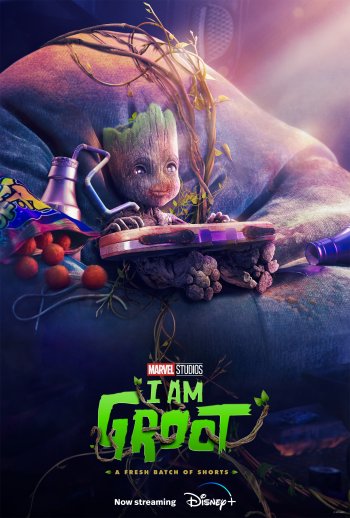 Baby Groot from Marvel's I Am Groot series featured in phone wallpaper with vibrant cosmic background, now streaming on Disney+.