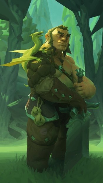 A strong dwarf stands confidently in a vibrant forest, accompanied by a small green lizard perched on his shoulder, creating a captivating fantasy-themed phone wallpaper.