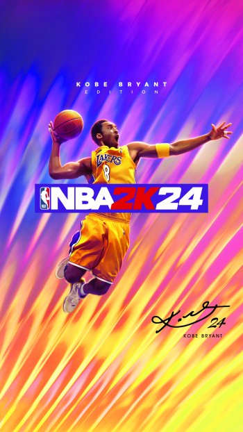 Kobe Bryant NBA 2K24 phone wallpaper with dynamic action pose and vibrant background.