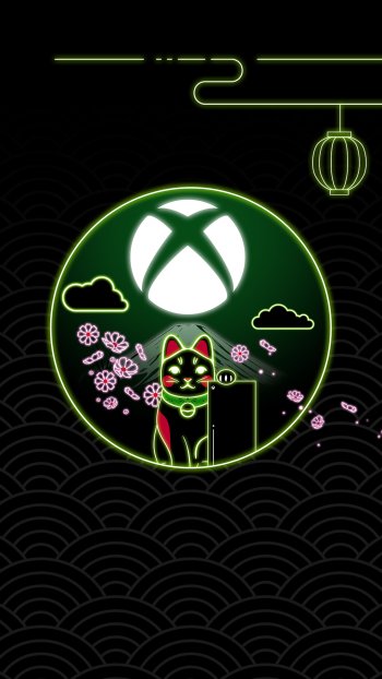 Neon green Xbox logo with Japanese-inspired elements on a black background designed for phone wallpaper.