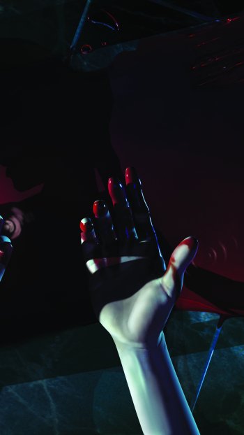 Phone wallpaper from the video game Tomb Raider: The Angel of Darkness — pale hand with red nails reaches up from shadow against a dark, neon-tinted background.