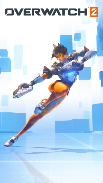 Overwatch 2 Tracer character in dynamic pose on a stylish phone wallpaper with game logo.