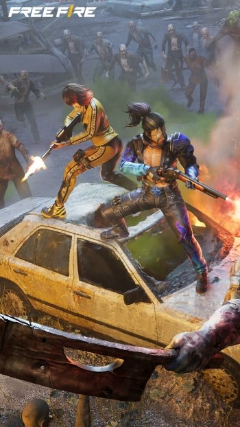 Dynamic Garena Free Fire mobile wallpaper featuring characters in combat on a car with game logo.