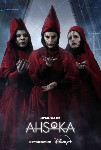 Star Wars Ahsoka-themed phone wallpaper featuring three mysterious figures in red robes against a dramatic blue background, with the title 'AHSOKA' and 'Now streaming on Disney+' at the bottom.