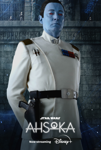 Phone wallpaper featuring a Star Wars theme with the title 'Ahsoka' promoting streaming on Disney+, showcasing a character in a uniform against a blue-toned backdrop.