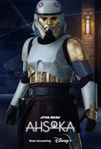 Ahsoka-themed Star Wars phone wallpaper featuring a Clone Trooper with promotional text for Disney+ streaming service.