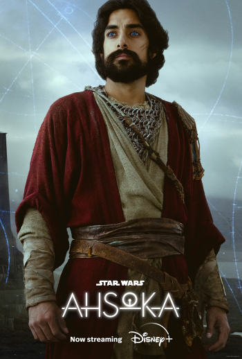 Star Wars Ahsoka themed phone wallpaper featuring a male character in a medieval costume with the Disney+ logo and text 'Now streaming'.