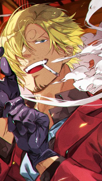 Anime-style phone wallpaper featuring Sanji from One Piece, showing him with blond hair, a cigarette, and a confident expression, designed for iPhone and Android displays.