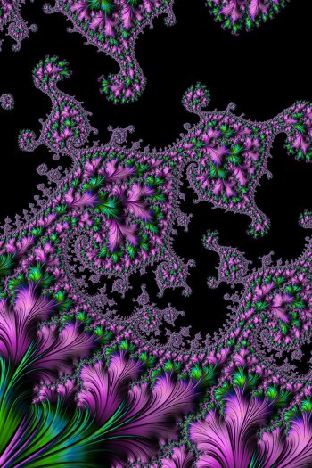 Trippy psychedelic hippie abstract fractal wallpaper with swirling purple, pink and green feathered fractals on black — vertical phone wallpaper for iPhone and Android.