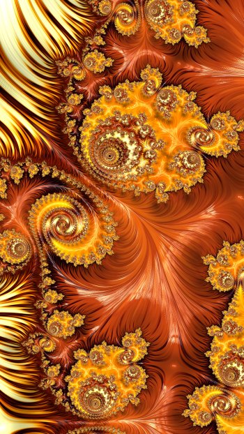 Vivid psychedelic fractal wallpaper with swirling orange, gold, and brown patterns creating a trippy, colorful, and abstract hippie design for iPhone and Android phones.