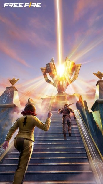 Garena Free Fire game characters ascending stairs towards a glowing trophy in a dynamic phone wallpaper.