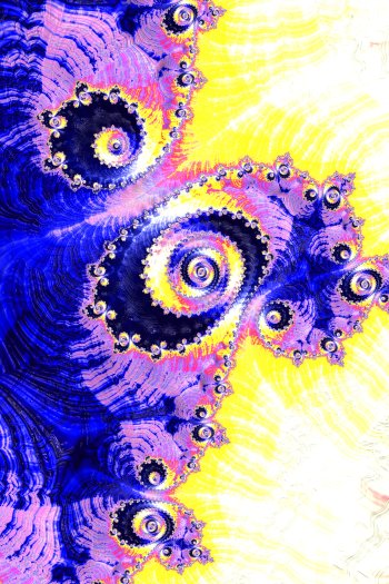 A vibrant digital fractal abstract with psychedelic, trance-inspired swirls and patterns in blue, purple, and yellow, designed as a trippy phone wallpaper for iPhones and Android devices.