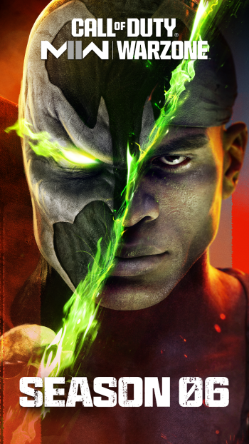 Call of Duty: Warzone 2.0 Season 06 themed phone wallpaper featuring a split image of a masked soldier and a realistic face with a green energy fissure dividing the two sides.