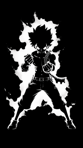 Stylized black and white wallpaper featuring Monkey D. Luffy in Gear Fourth, surrounded by a fierce aura, capturing the spirit of anime from One Piece.