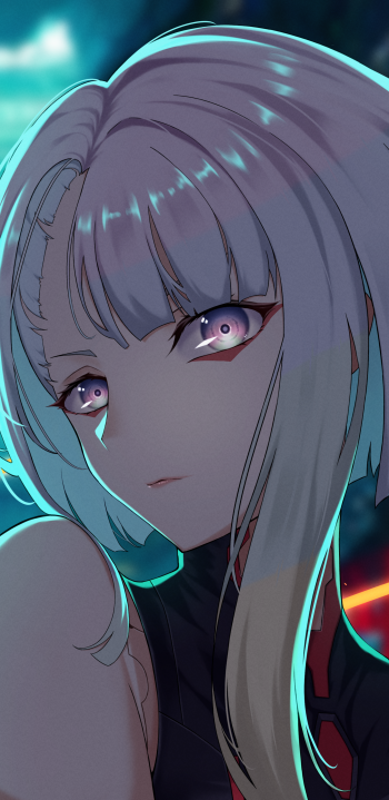 Anime-style close-up of a female character from Cyberpunk: Edgerunners with pale hair and glowing purple eyes, designed as a phone wallpaper for iPhones and Android devices.