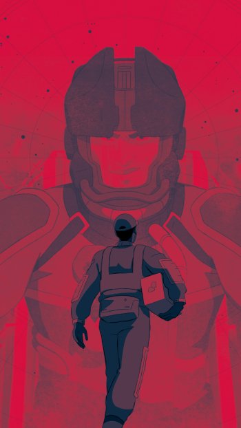 A striking phone wallpaper from the video game Starfield features an astronaut walking towards a large, imposing figure, set against a vivid red background.
