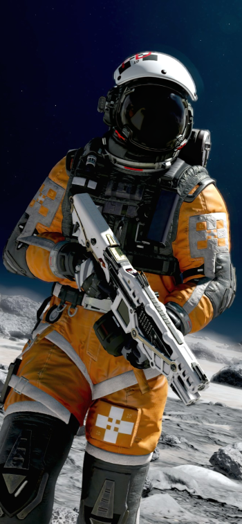 An astronaut in an orange space suit stands on a lunar surface, holding a futuristic weapon, set against a starry sky. An engaging wallpaper inspired by the video game Starfield.