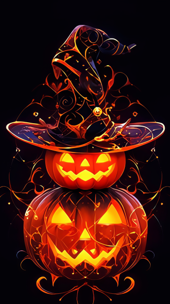 Halloween-themed phone wallpaper featuring two glowing jack-o'-lanterns with spooky faces stacked and wearing a witch's hat on a dark background.