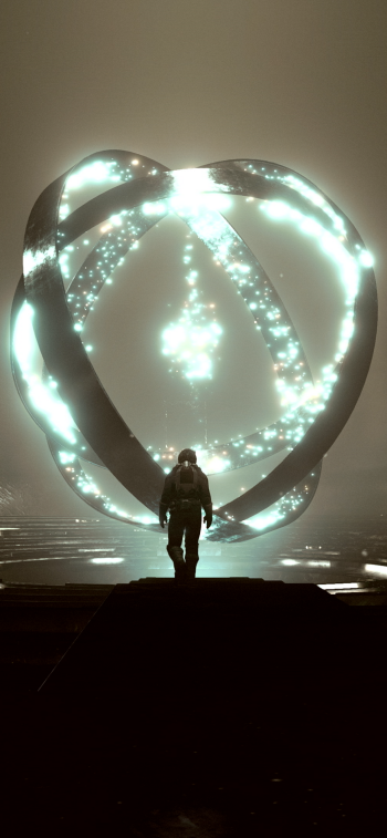 A dramatic scene from the video game Starfield featuring a silhouetted astronaut approaching a glowing, ethereal structure, set against a mysterious, dim background.