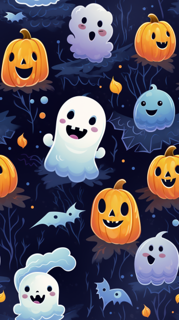 Colorful Halloween-themed phone wallpaper featuring playful pumpkins and cheerful ghosts among dark foliage and autumn leaves. Perfectly captures the spooky holiday spirit.
