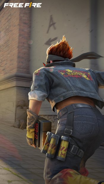 Mobile wallpaper featuring a Garena Free Fire character poised for action in game with gaming logo visible.