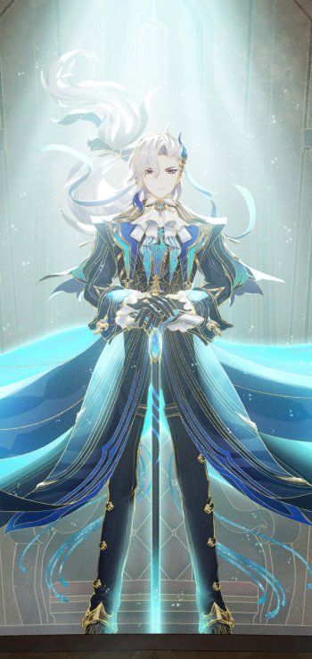 Phone wallpaper showing Neuvillette from the video game Genshin Impact: a tall, white-haired figure in ornate blue-gold attire, holding a glowing water-themed sword with a flowing cape.
