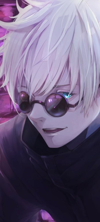 Phone wallpaper of Satoru Gojo from Jujutsu Kaisen anime, featuring his white hair, black sunglasses, and a vibrant purple background, compatible with iPhones and Android phones.