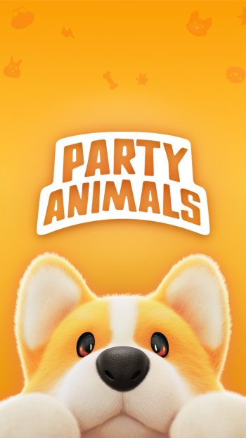Cute corgi cartoon with 'Party Animals' text on a vibrant orange background - ideal phone wallpaper for animal lovers.