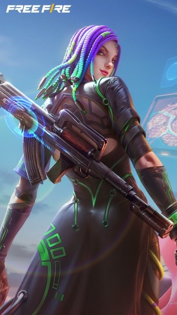 Garena Free Fire game character with purple hair and sniper rifle on a dynamic wallpaper for smartphones.