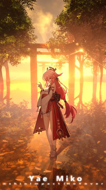 Phone wallpaper featuring Yae Miko Guuji from Genshin Impact standing in a sunlit forest with torii gates, blending warm golden hues for iPhone and Android displays.