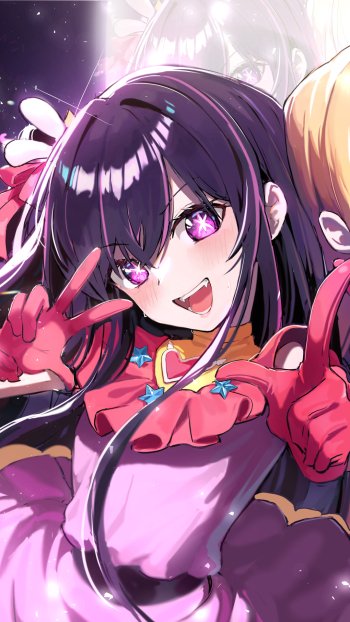 Vibrant phone wallpaper of an Oshi no Ko anime character — dark-haired girl with glowing pink starry eyes, wearing a frilly pink outfit and gloves, flashing a playful peace sign.