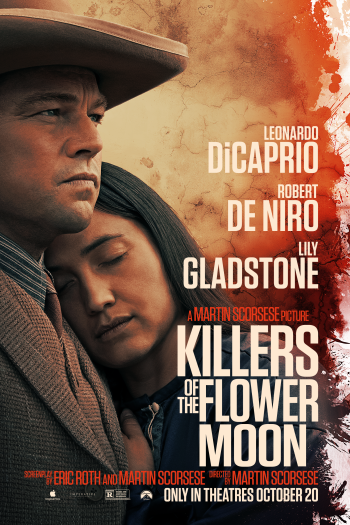 Killers of the Flower Moon movie poster wallpaper featuring Leonardo DiCaprio and cast, directed by Martin Scorsese, releasing October.