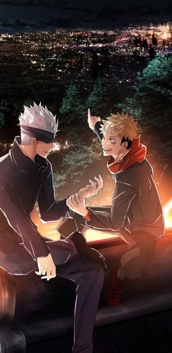 Anime phone wallpaper featuring Yuji Itadori and Satoru Gojo from Jujutsu Kaisen, sitting together with a glowing cityscape at night in the background, designed for iPhone and Android.