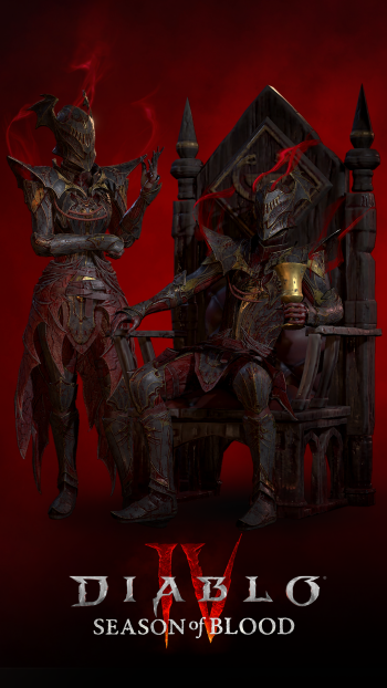 Diablo IV: Season of Blood themed phone wallpaper featuring an intimidating armored character on a dark, eerie background.
