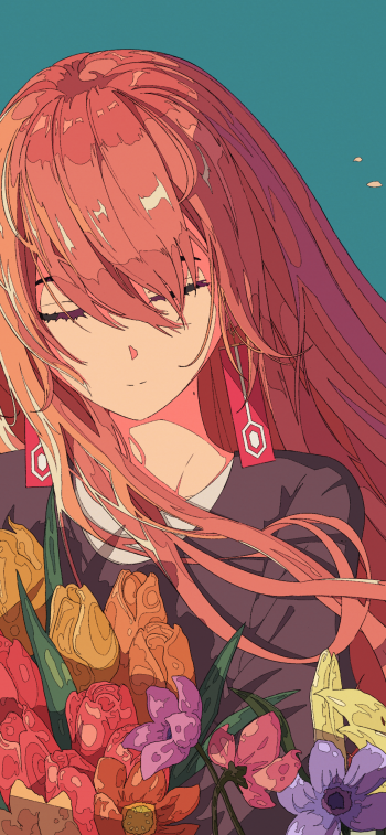 Anime girl with long flowing red hair and closed eyes holding a vibrant bouquet, designed as a phone wallpaper for iPhones and Android devices.