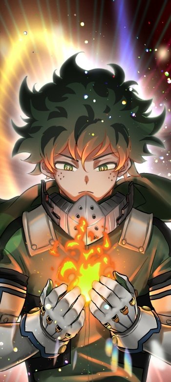 Phone wallpaper of Izuku Midoriya from My Hero Academia, featuring him with glowing green eyes and fiery energy between his armored hands against a radiant background.